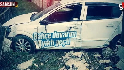 Bayan şoför bahçe duvarını yıktı geçti